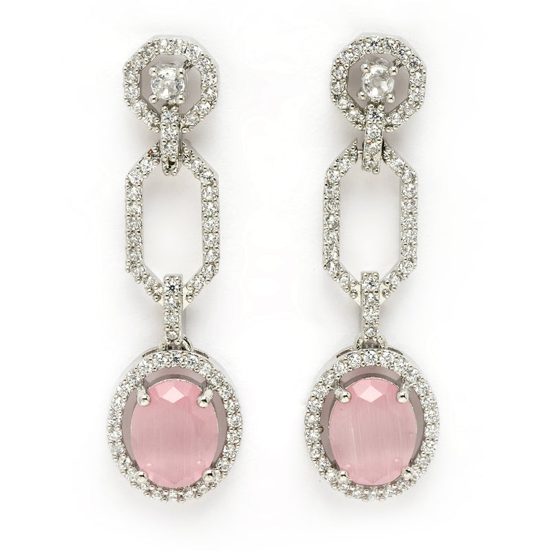 Rhodium Plated with Pink American Diamond Studded Jewellery Set