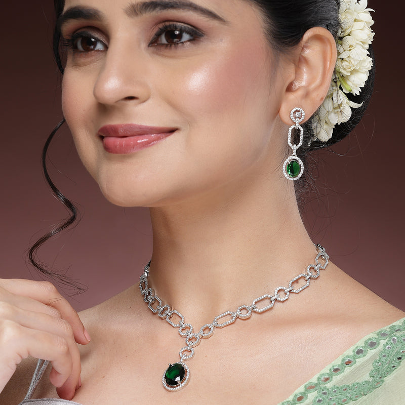 Rhodium Plated Silver Toned Emerald Green American Diamond Studded Jewellery Set