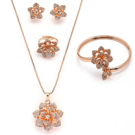 Rose Gold Plated White American Diamonds Studded Floral Shaped Pendant Combo
