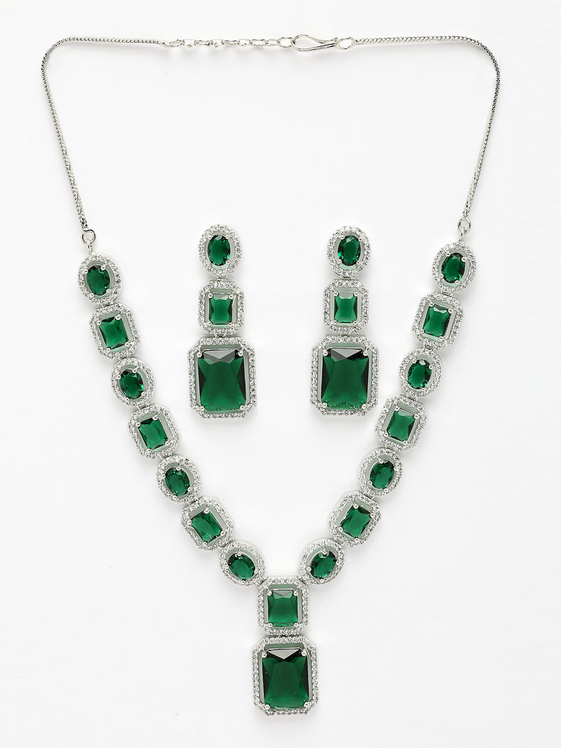 Rhodium Plated with Rectangle Drop Green & American Diamond Studded Necklace Set