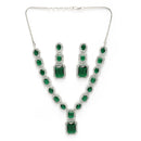 Rhodium Plated Silver Toned Green American Diamond Studded Jewellery Set