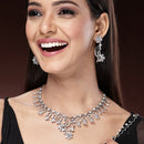 Rhodium Plated Silver Toned White American Diamond Studded Floral Jewellery Set