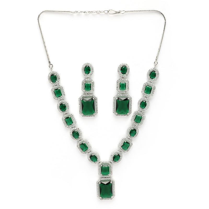 Rhodium Plated Silver Toned Green American Diamond Studded Jewellery Set
