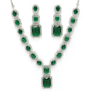Rhodium Plated Silver Toned Green American Diamond Studded Jewellery Set