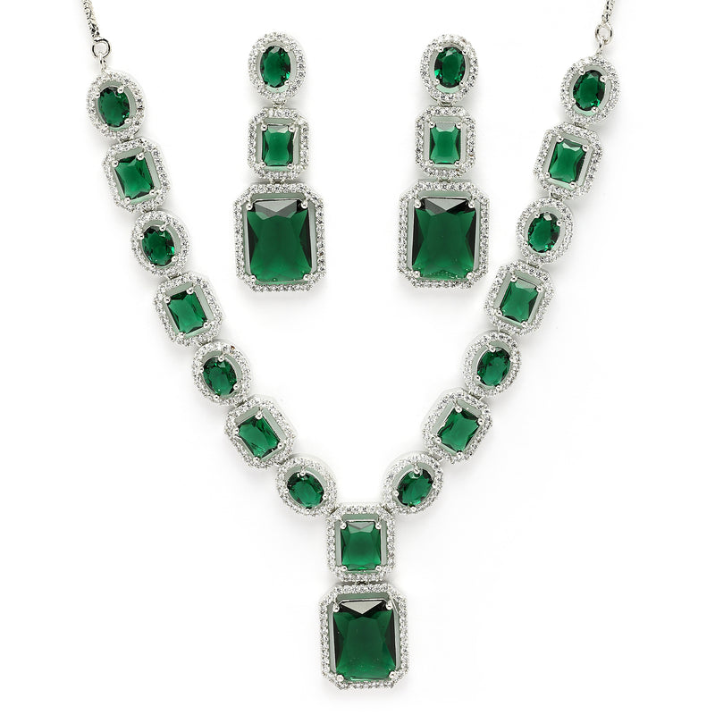 Rhodium Plated Silver Toned Green American Diamond Studded Jewellery Set