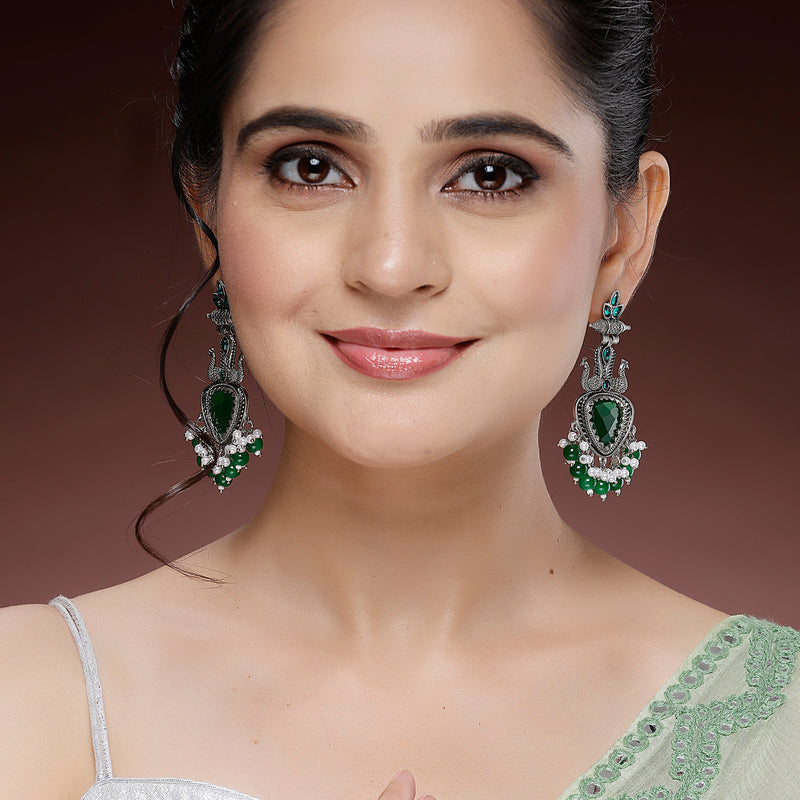 Oxidized Plated with Green & White Pearl Cubic Zirconia Danglers Earrings