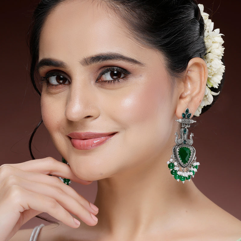 Oxidized Plated with Green & White Pearl Cubic Zirconia Danglers Earrings