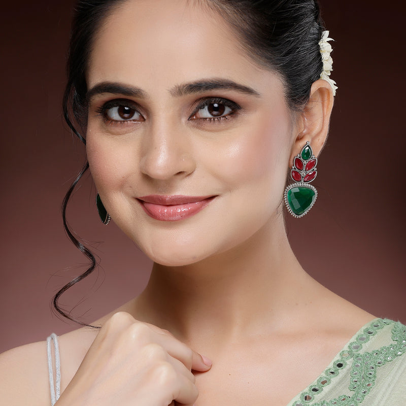 Oxidized Plated with Red & Green Cubic Zirconia Drop Earrings