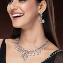 Rhodium Plated Silver Toned White American Diamond Studded Floral Jewellery Set