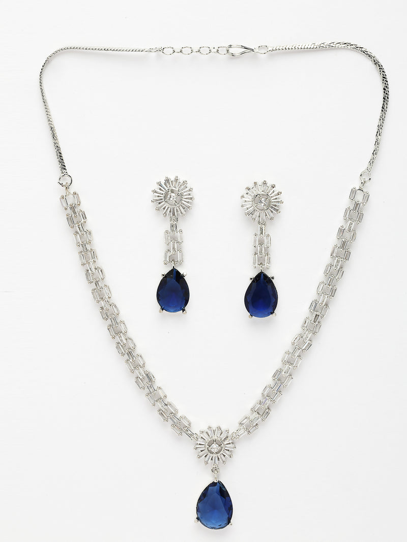 Rhodium Plated with Blue & White AD Stone Studded Necklace Set