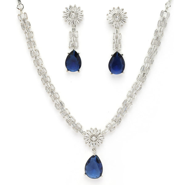 Rhodium Plated Royal Blue White American Diamond Stone Studded Jewellery Set