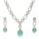 Rhodium Plated Silver Toned Sea Green American Diamond Studded Jewellery Set