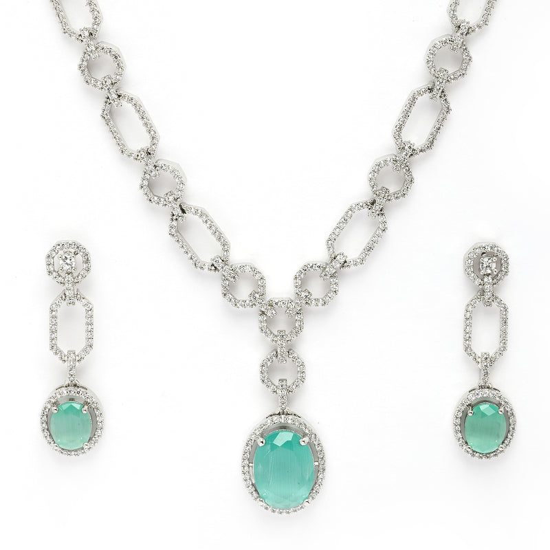 Rhodium Plated Silver Toned Sea Green American Diamond Studded Jewellery Set