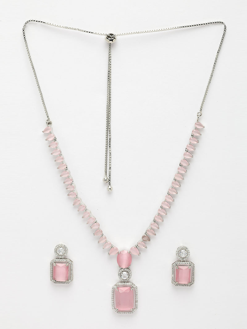 Rhodium Plated with Unique Design Necklace & Pink American Diamond Studded Necklace Set