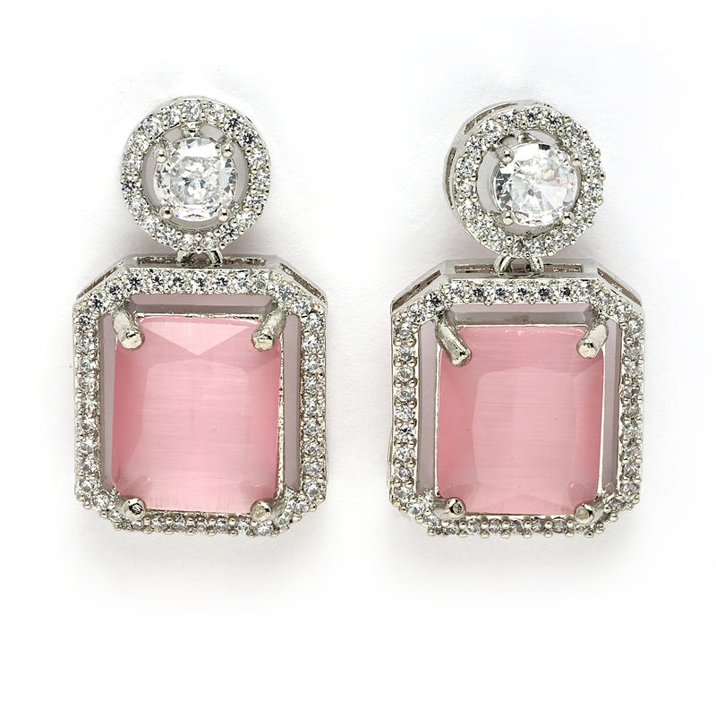 Rhodium Plated Silver Toned Pink American Diamond Studded Jewellery Set