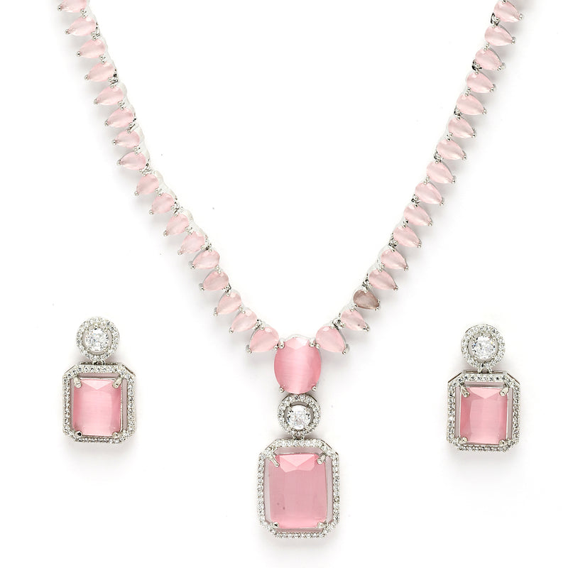 Rhodium Plated Silver Toned Pink American Diamond Studded Jewellery Set