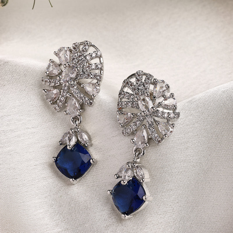 Rhodium Plated Silver Toned Leaf Shaped Navy Blue White American Diamond Studded Drop Earrings