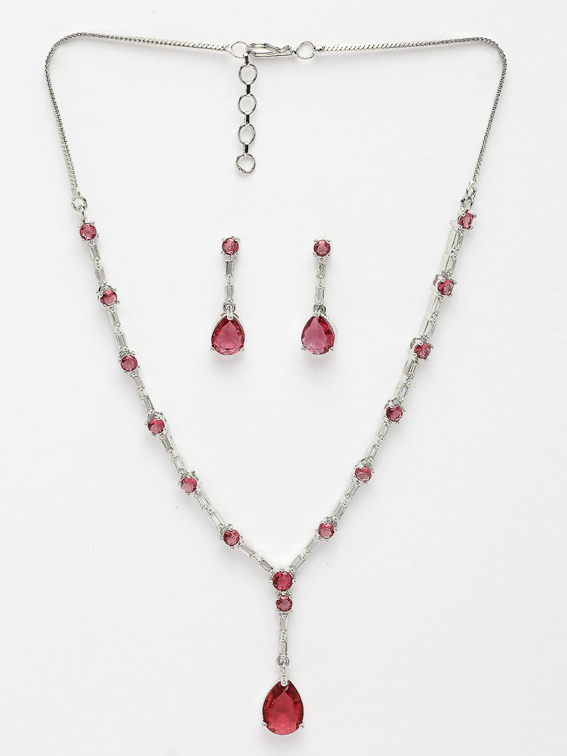 Rhodium Plated with Y Drop Style & Red American Diamond Studded Necklace Set