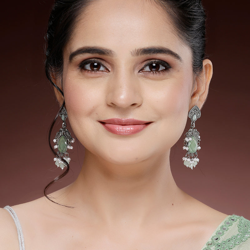 Oxidized Plated with Sea Green Cubic Zirconia Danglers Earrings