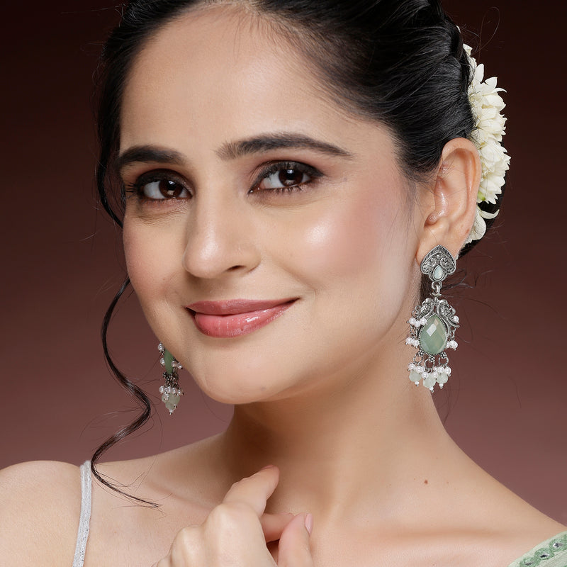 Oxidized Plated with Sea Green Cubic Zirconia Danglers Earrings