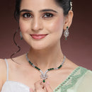 Rhodium Plated Silver Toned Green American Diamond Studded Jewellery  Set