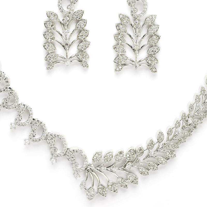 Rhodium Plated Silver Toned White American Diamond Studded Jewellery Set