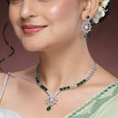 Rhodium Plated Silver Toned Green American Diamond Studded Jewellery  Set