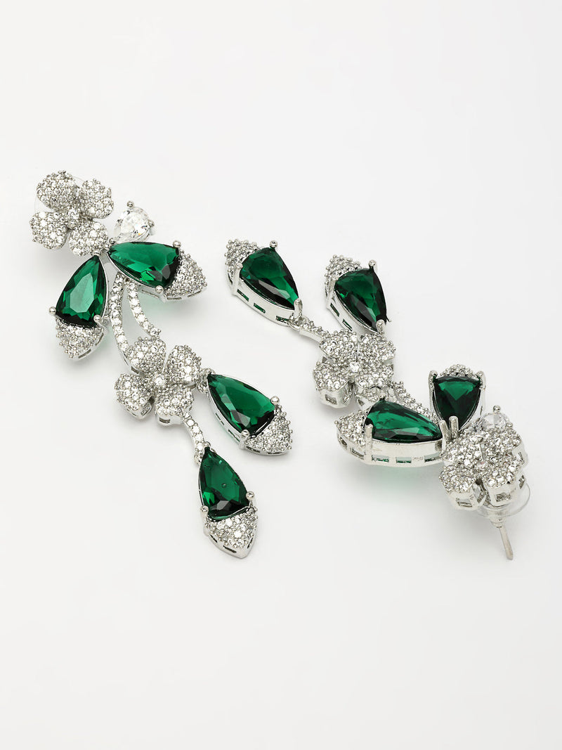 Rhodium Plated Silver Toned Emerald & White American Diamond Studded Necklace set
