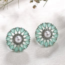 Rhodium Plated Silver Toned Floral Shaped Sea Green & White American Diamond & Pearl Studded Stud Earrings
