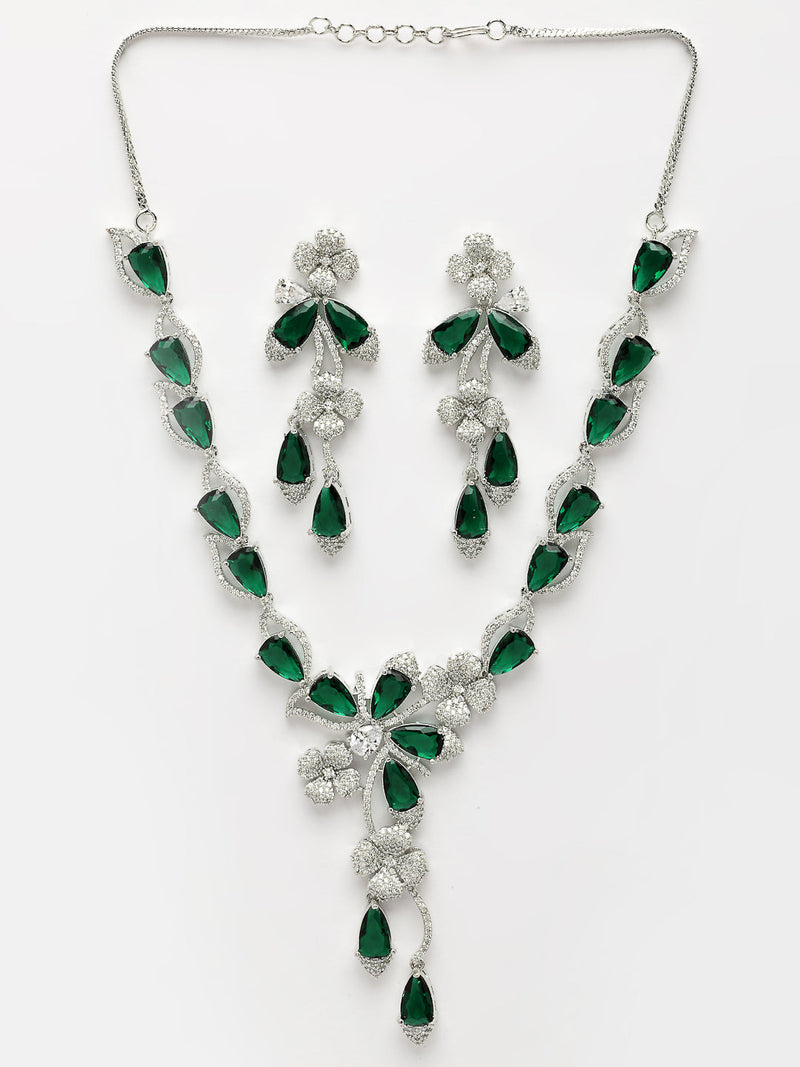 Rhodium Plated Silver Toned Emerald & White American Diamond Studded Necklace set