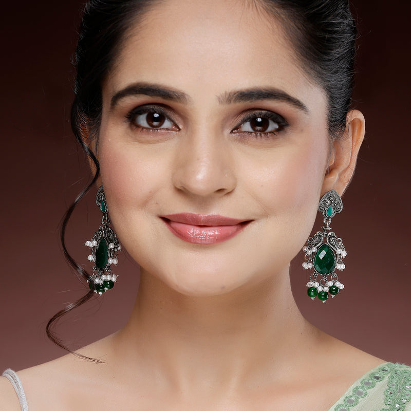 Oxidized Plated with Green Cubic Zirconia Danglers Earrings