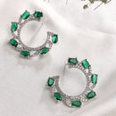 Rhodium Plated Silver Toned Green & White American Diamond Embellished Earrings