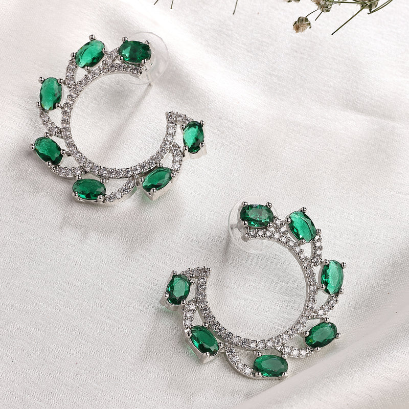 Rhodium Plated Silver Toned Green & White American Diamond Embellished Earrings