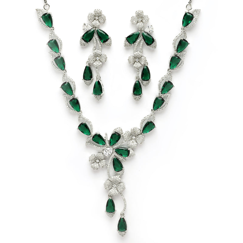 Rhodium Plated Silver Toned Emerald & White American Diamond Studded Necklace set