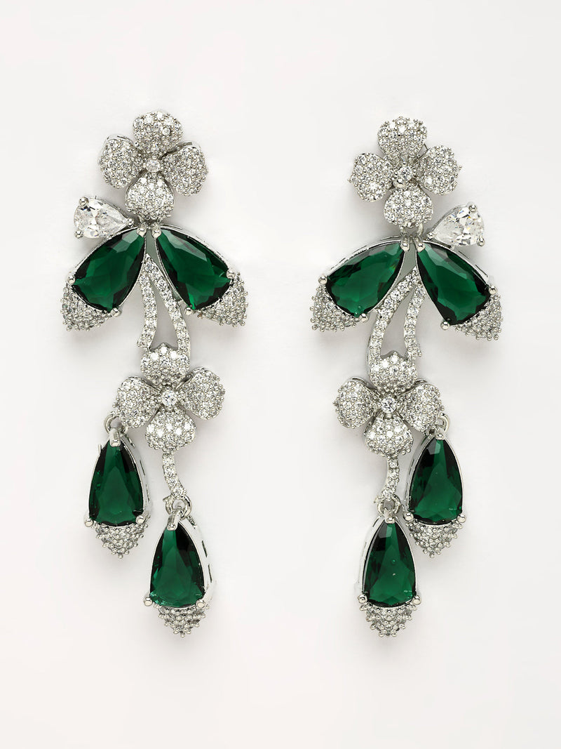 Rhodium Plated Silver Toned Emerald & White American Diamond Studded Necklace set