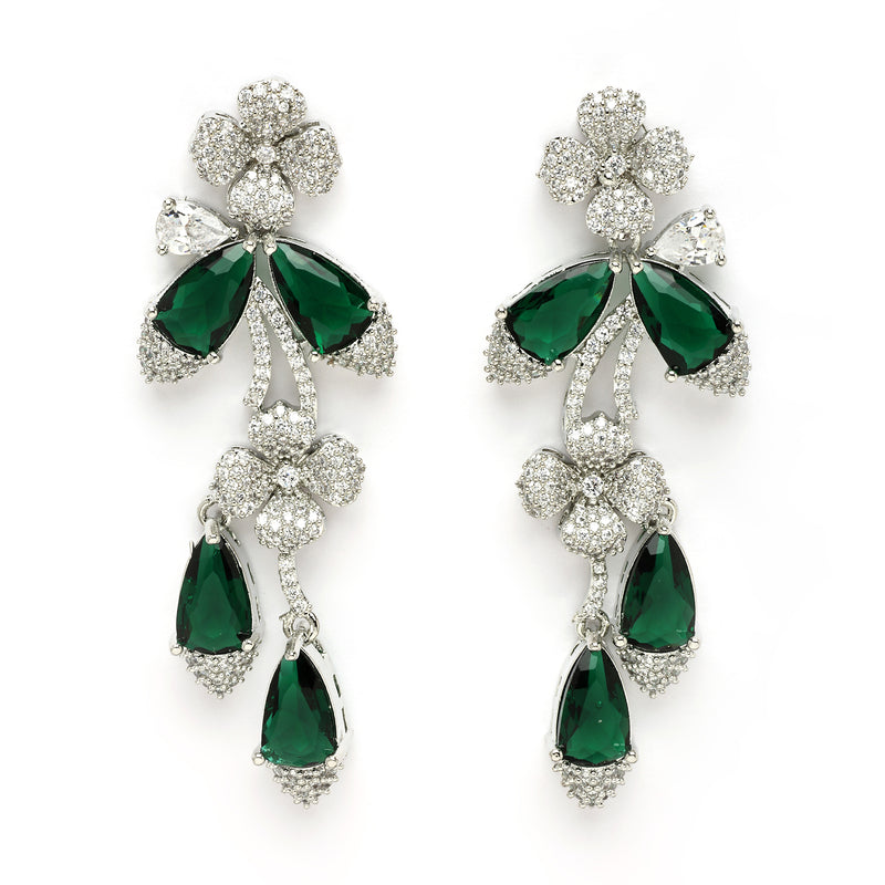 Rhodium Plated Silver Toned Emerald & White American Diamond Studded Necklace set