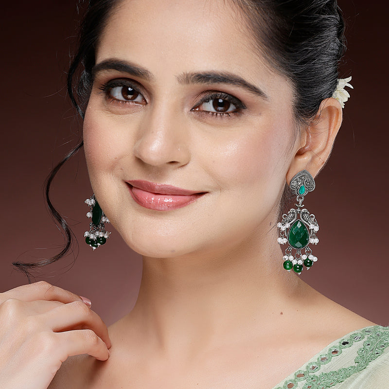 Oxidized Plated with Green Cubic Zirconia Danglers Earrings