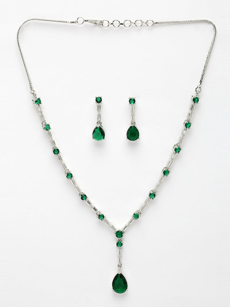 Rhodium Plated with Y Drop Style & Green American Diamond Studded Necklace Set