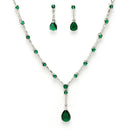 Rhodium Plated Silver Toned Teardrop Style Emerald Green American Diamond Studded Jewellery Set