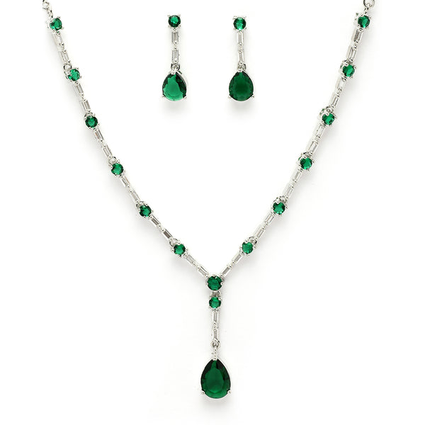 Rhodium Plated Silver Toned Teardrop Style Emerald Green American Diamond Studded Jewellery Set