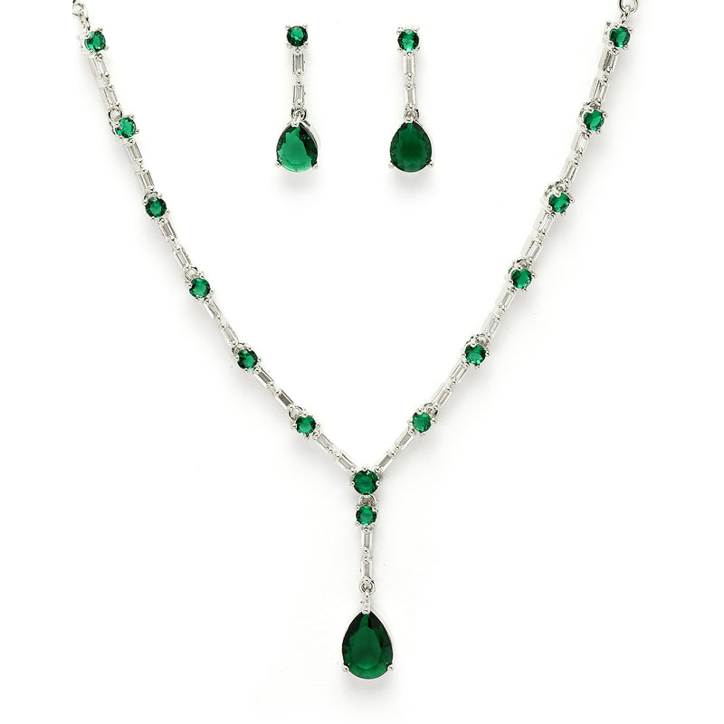 Rhodium Plated Silver Toned Teardrop Style Emerald Green American Diamond Studded Jewellery Set