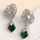 Rhodium Plated Silver Toned Leaf Shaped Green & White American Diamond Studded Drop Earrings