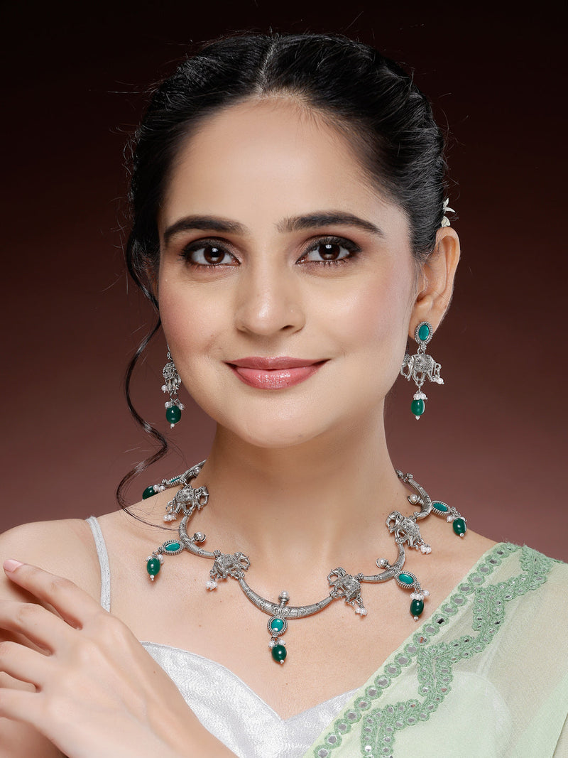 Oxidized Plated Green & Blue with Pearl & Stone Studded Jewellery Set