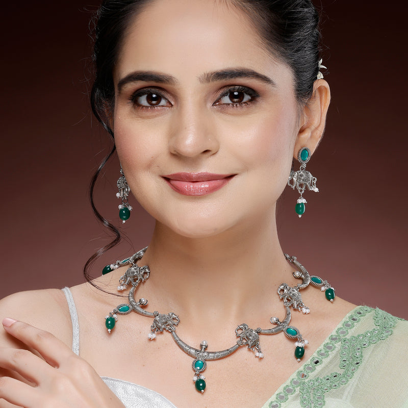 Oxidized Plated Green & Blue with Pearl & Stone Studded Jewellery Set