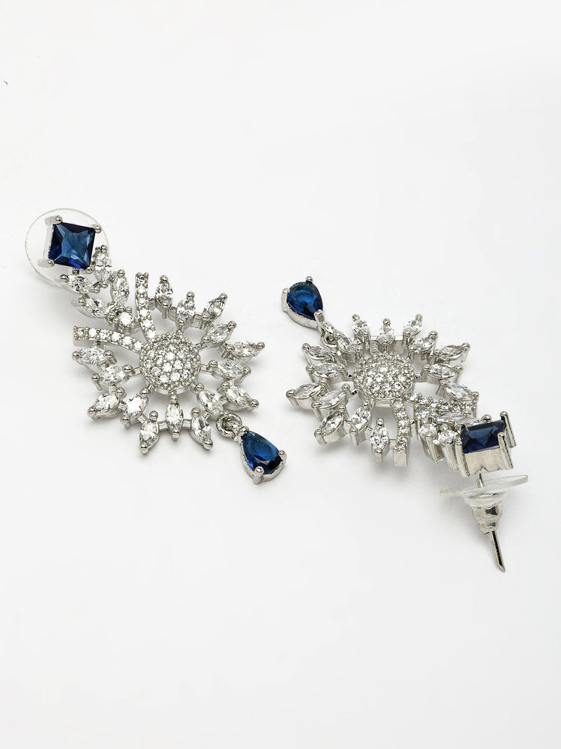 Rhodium Plated Silver Toned  Blue American Diamond Studded Jewellery Set