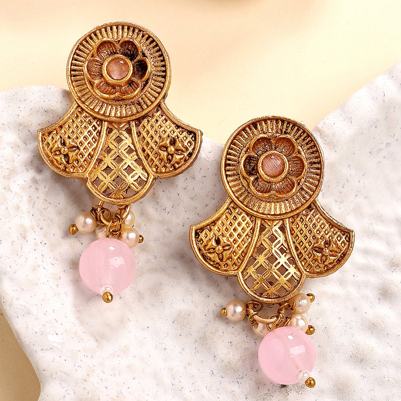 Traditional Gold Plated Floral Shaped  Pink Pearl Beaded Earrings