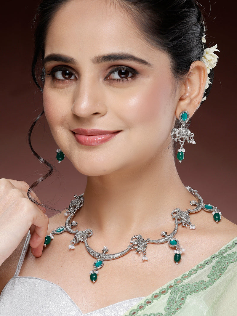 Oxidized Plated Green & Blue with Pearl & Stone Studded Jewellery Set