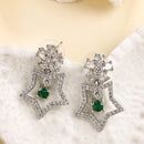Rhodium Plated Silver Toned Starry Floral Shaped Green & White American Diamond Studded Drop Earrings