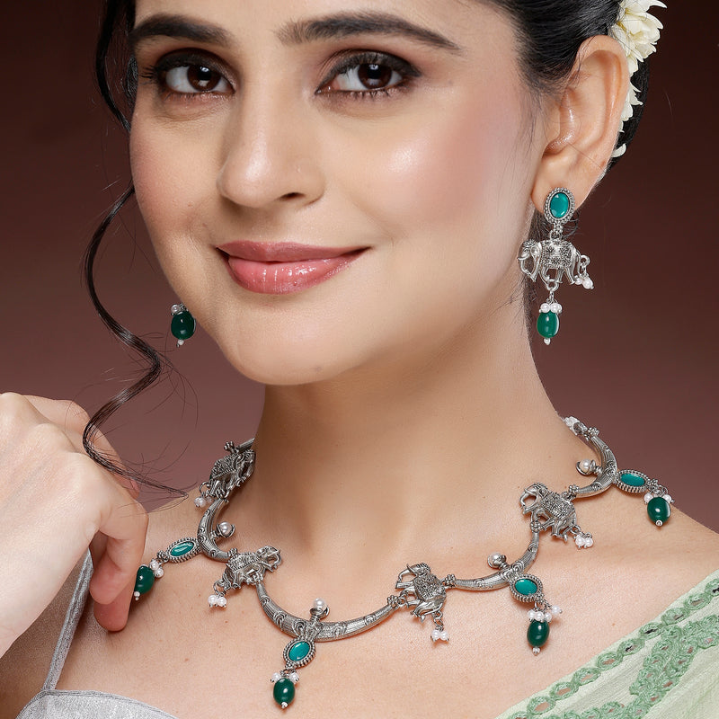 Oxidized Plated Green & Blue with Pearl & Stone Studded Jewellery Set