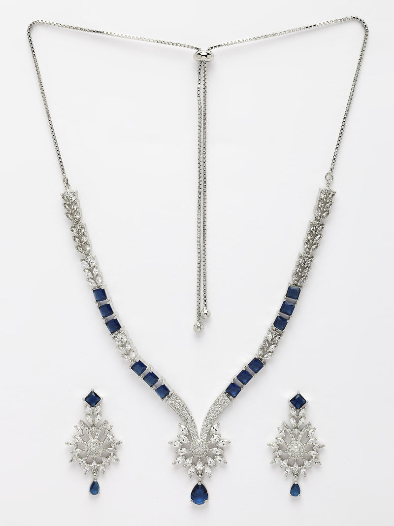 Rhodium Plated with Blue American Diamond Studded Floral Design & Curved Shaped Necklace Set